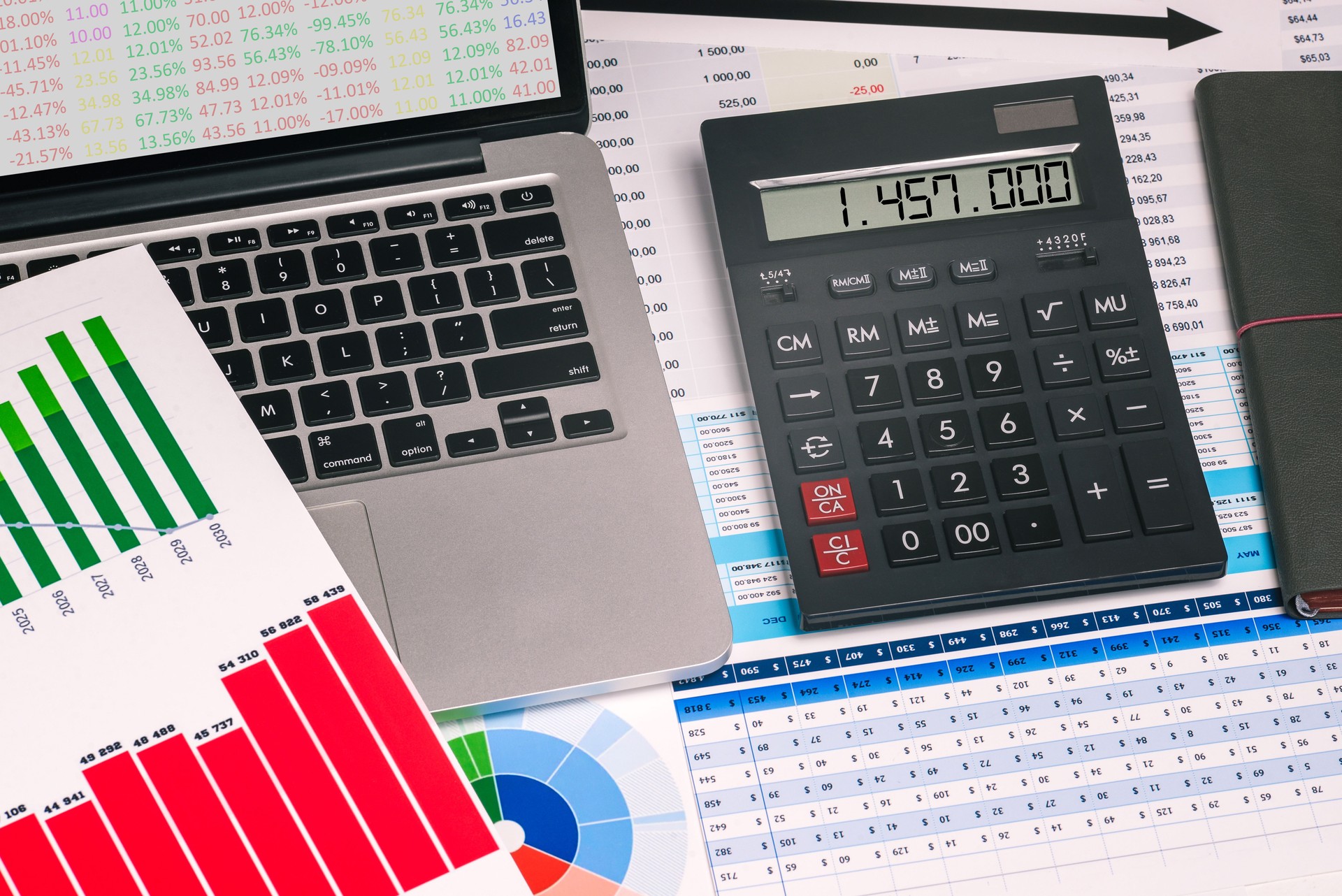 Lavorare a casa. Desktop con documenti, computer, calcolatrice e grafici diversi. Preparazione di un report, calcolo delle imposte o analisi del mercato azionario. Affari e finanza